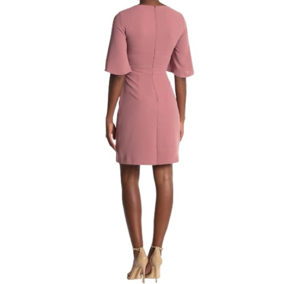 REISS Myra Cross Wrap Front Quarter Sleeve Jewel Neck Woven Dress, Pink, Size 8 - Picture 4 of 5